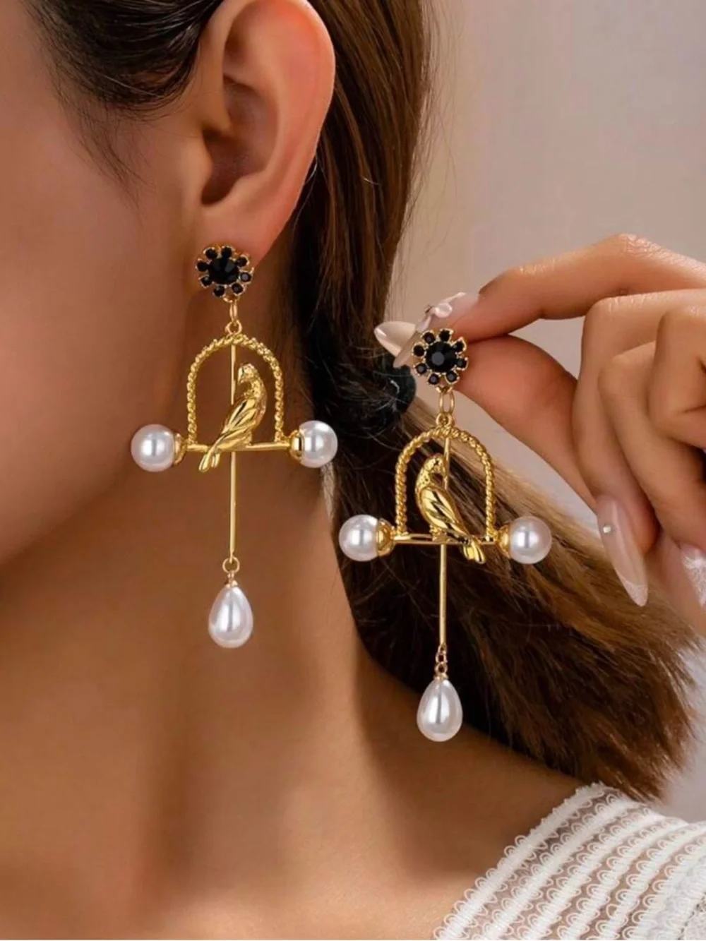 Gold Bird & Pearl Drop Earrings - Black Flower Accent